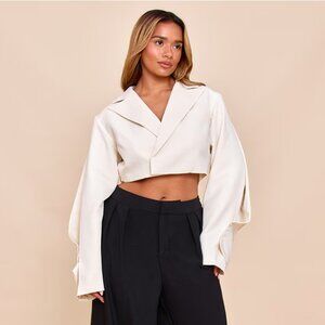 Shape Cream Tailored Pleated Sleeve Adjustable Waist Cropped Blazer